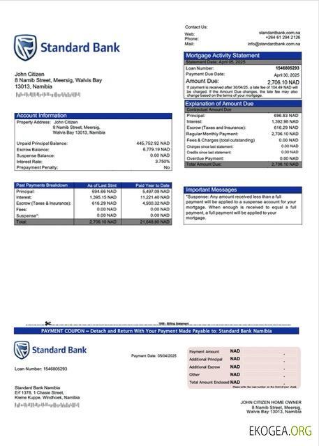Modèle Word et PDF de relevé hypothécaire de la Namibia Standard Bank Namibia